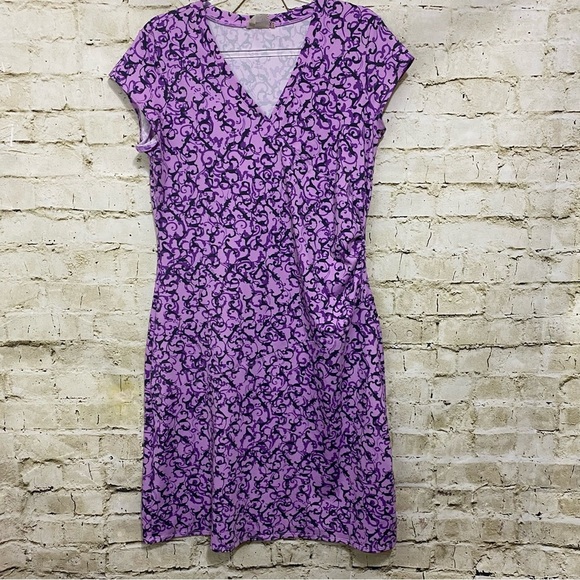 Athleta Faux Wrap Nectar Purple Vine Scroll Stretch Knit Dress - Picture 1 of 6